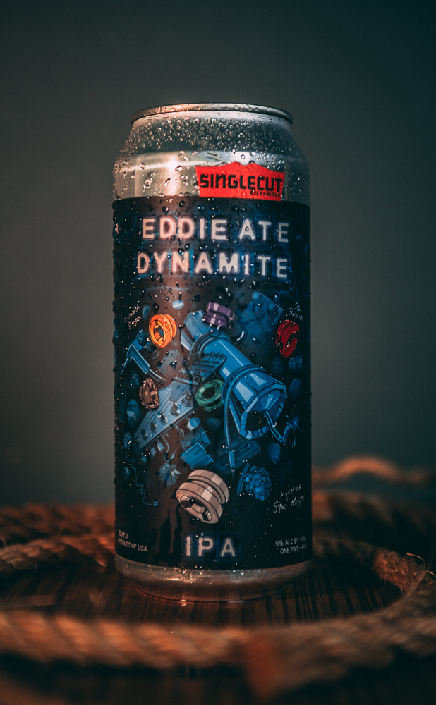 SingleCut Eddie Ate Dynamite IPA can photographed with condensation in a moody product setting by Rory Duffy